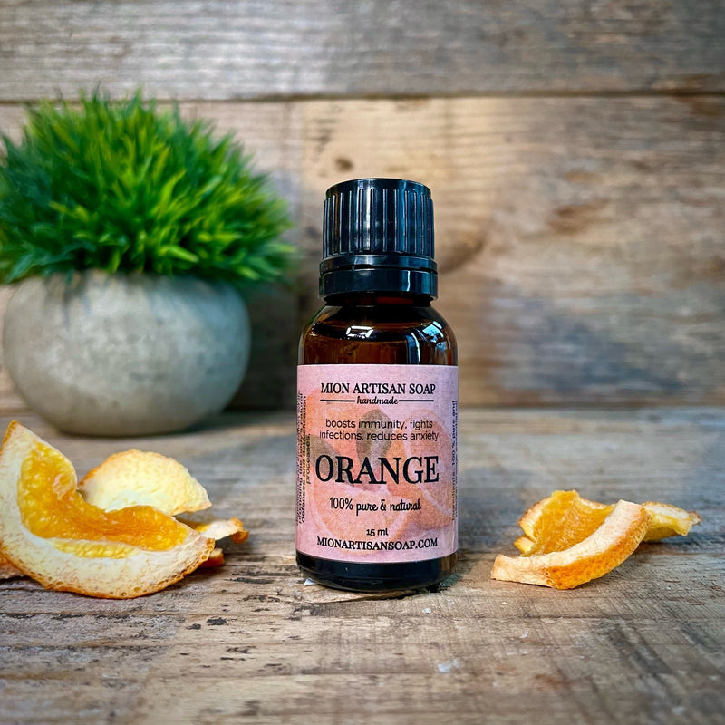 MION Artisan Soap Co. Orange Essential Oil | Uplifting, Energizing Rosy Brown