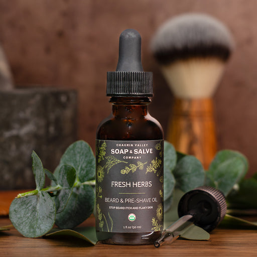 Chagrin Valley Soap & Salve Beard & Pre-Shave Oil: Fresh Herbs Scent Beard Oil Dark Olive Green 1 fl oz Bottle