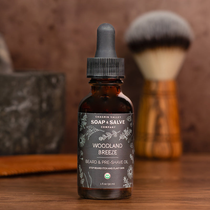 Chagrin Valley Soap & Salve Beard & Pre-Shave Oil: Woodland Breeze Scent Beard Oil Dark Olive Green 1 fl oz Bottle