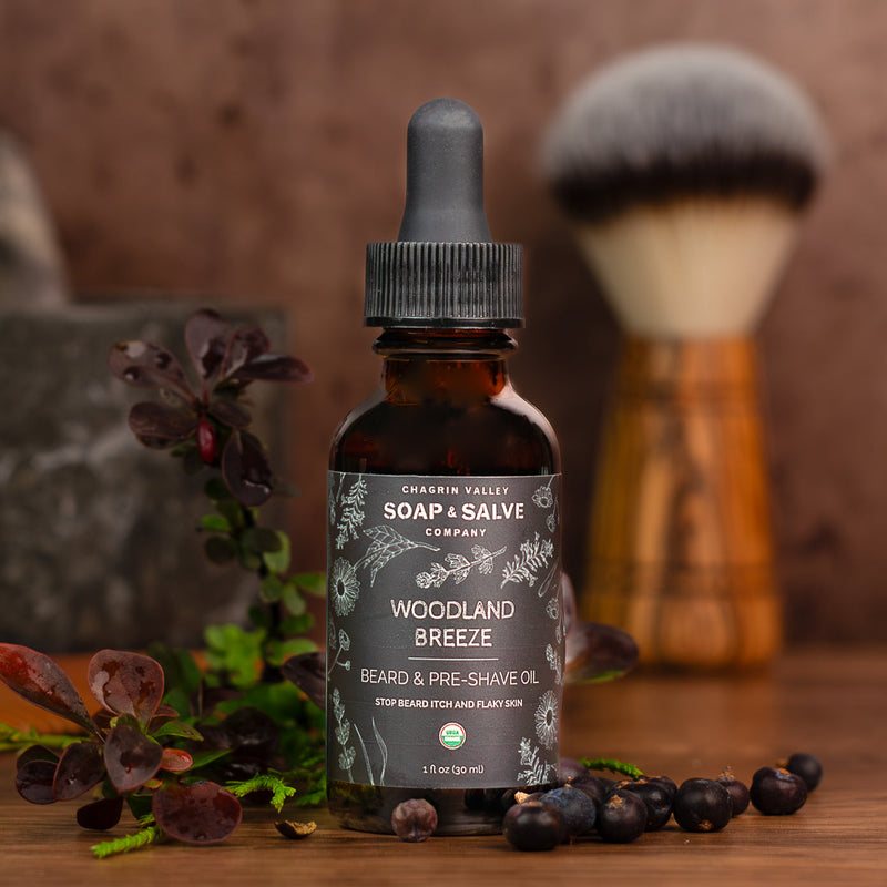 Chagrin Valley Soap & Salve Beard & Pre-Shave Oil: Woodland Breeze Scent Beard Oil Dark Olive Green 1 fl oz Bottle