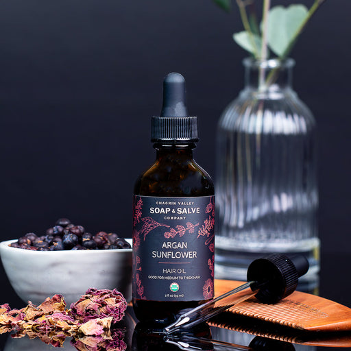 Chagrin Valley Soap & Salve Hair Oil: Argan Sunflower Hair Oil Black 2 fl oz Bottle