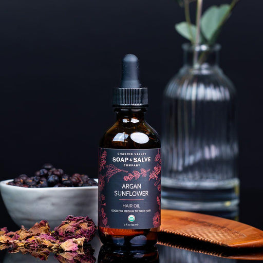 Chagrin Valley Soap & Salve Hair Oil: Argan Sunflower Hair Oil Black 2 fl oz Bottle