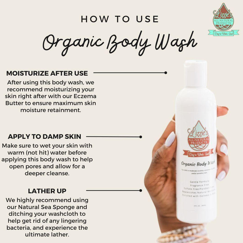 Lizzie's All-natural Products Organic Unscented Body Wash for Eczema Beige Organic Body Wash (unscented for eczema) 8 oz,Organic Unscented Body Wash for Eczema + Natural Sea Sponge Combo
