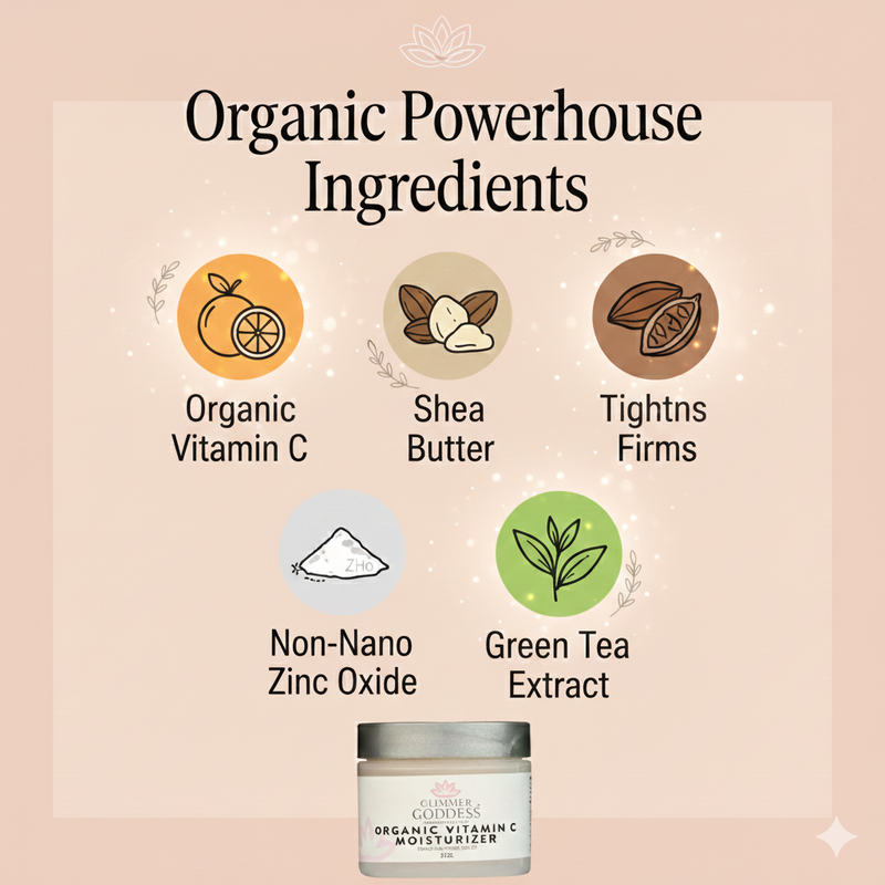 Glimmer Goddess® Organic Skin Care Organic Vitamin C Daily Moisturizer SPF 30 – Brightening Formula Moisturizers Bisque 2 oz. JAR,2 oz. Airless Bottle - SUMMER VERSION