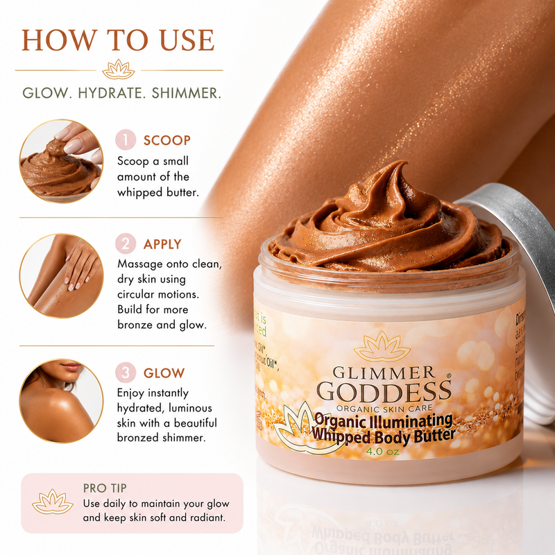 Glimmer Goddess® Organic Skin Care Organic Whipped Bronzing Body Butter – Shimmering Body Moisturizer with Instant Bronze Glow Shimmer White Smoke Bronze / Subtle - Level 1 / 4 oz.,Bronze / Subtle - Level 1 / 2 oz.,Bronze / Sexy - Level 2 / 4 oz.,Bronze / Sexy - Level 2 / 2 oz.,Bronze / Super - Level 3 / 4 oz.,Bronze / Super - Level 3 / 2 oz.