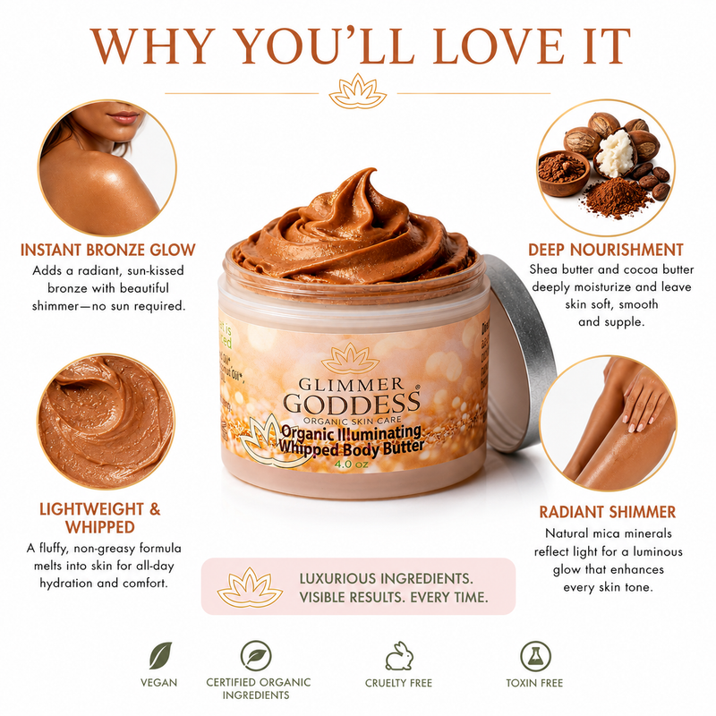 Glimmer Goddess® Organic Skin Care Organic Whipped Bronzing Body Butter – Shimmering Body Moisturizer with Instant Bronze Glow Shimmer White Smoke Bronze / Subtle - Level 1 / 4 oz.,Bronze / Subtle - Level 1 / 2 oz.,Bronze / Sexy - Level 2 / 4 oz.,Bronze / Sexy - Level 2 / 2 oz.,Bronze / Super - Level 3 / 4 oz.,Bronze / Super - Level 3 / 2 oz.