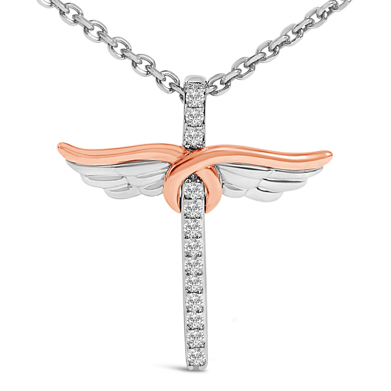 Bids.com 14K Rose Gold Plated Sterling Silver 1/5 Cttw Diamond Wing Cross Pendant Necklace Necklaces White Smoke WhiteRose.Sterling Silver / 18
