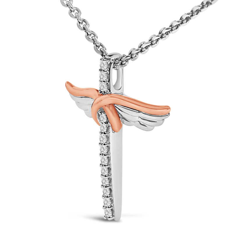 Bids.com 14K Rose Gold Plated Sterling Silver 1/5 Cttw Diamond Wing Cross Pendant Necklace Necklaces White Smoke WhiteRose.Sterling Silver / 18