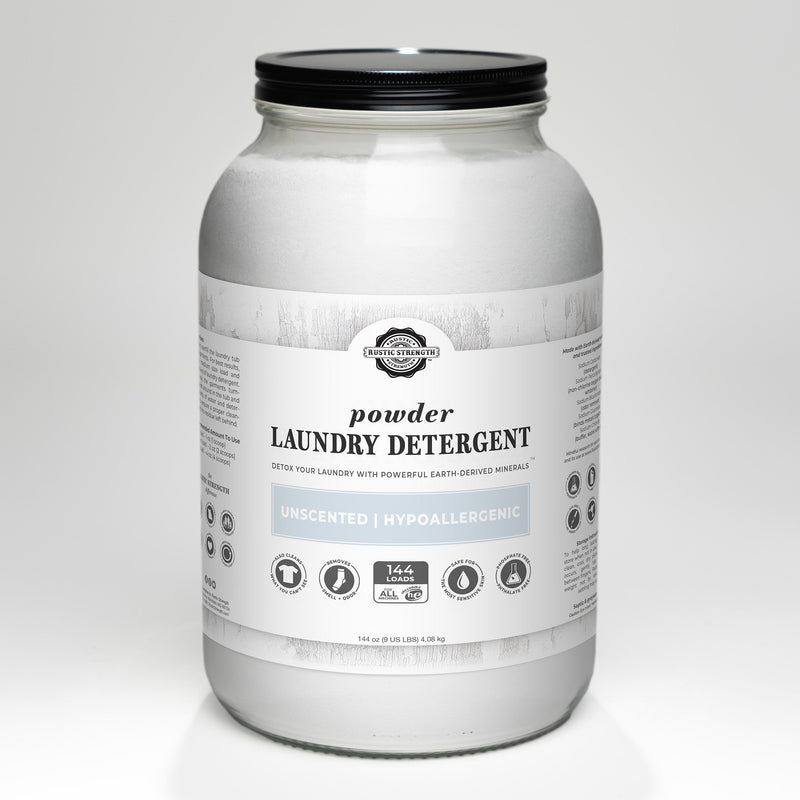Rustic Strength Powder Laundry Detergent Laundry Detergent Light Gray 9 LB Glass Jar with Metal Cap