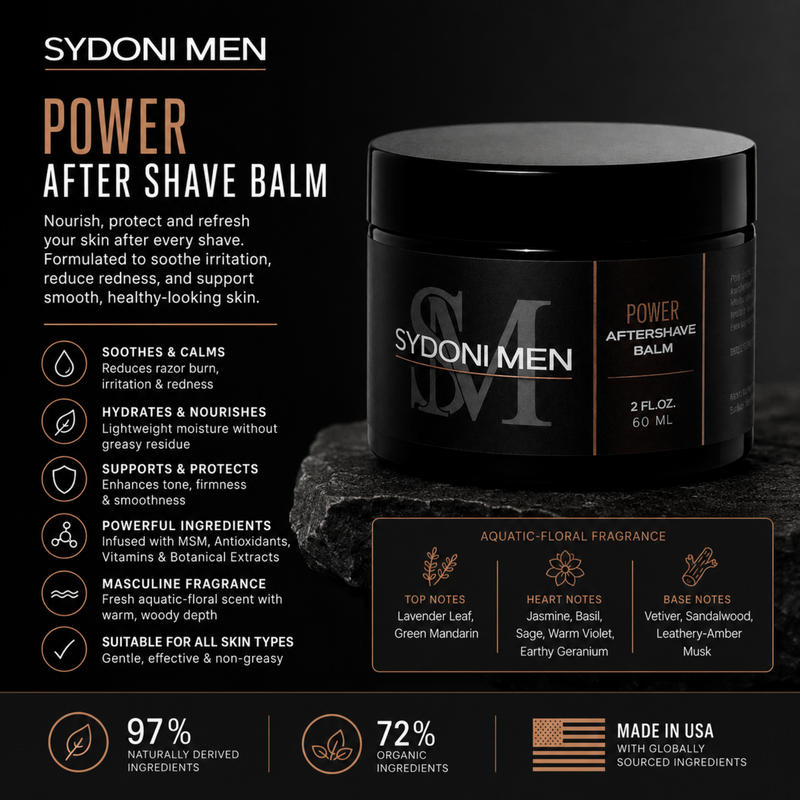 Sydoni Skincare and Beauty SYDONI MEN POWER AFTERSHAVE BALM | Soothe, Hydrate & Protect 60ml/2 fl. oz. Aftershave Black