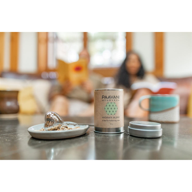 Paavani Ayurveda Your Herbal Tea Ritual | Organic Loose-Leaf Tea & Heart Infuser Slate Gray Hydrate Blend / Tea Tin,Hydrate Blend / Compostable Refill,Cool & Calm Blend / Tea Tin,Cool & Calm Blend / Compostable Refill,Rooibos Chai Blend / Tea Tin,Rooibos Chai Blend / Compostable Refill,Bliss Blend / Tea Tin,Bliss Blend / Compostable Refill,Woman