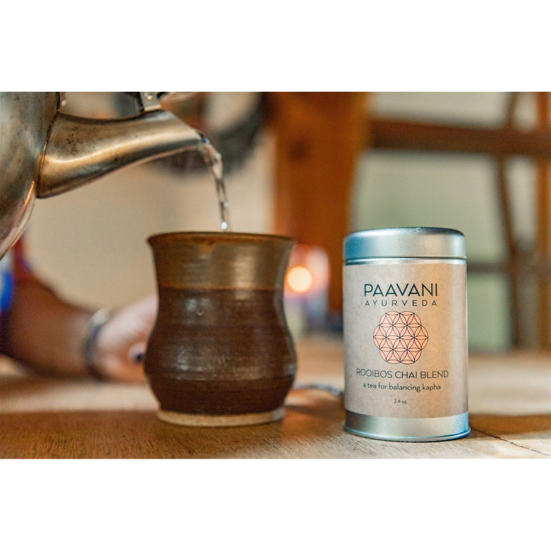 Paavani Ayurveda Rooibos Chai Blend | Ayurvedic Tea for Kapha Balance simple Rosy Brown Tea Tin,Compostable Refill