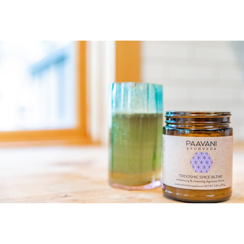 Paavani Ayurveda Tridoshic Spice Blend | Balancing & Cleansing Digestive Churna White Smoke Glass Jar,Compostable Refill