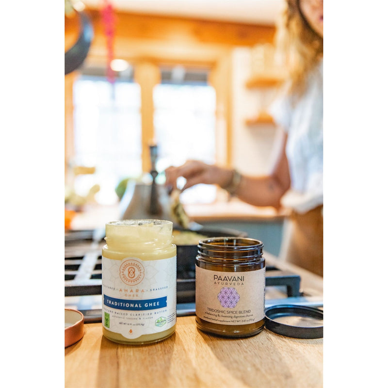 Paavani Ayurveda Tridoshic Spice Blend | Balancing & Cleansing Digestive Churna White Smoke Glass Jar,Compostable Refill
