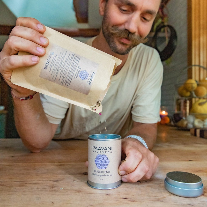 Paavani Ayurveda Bliss Blend | Tridoshic Tea for Relaxation & Harmony simple Rosy Brown Tea Tin,Compostable Refill