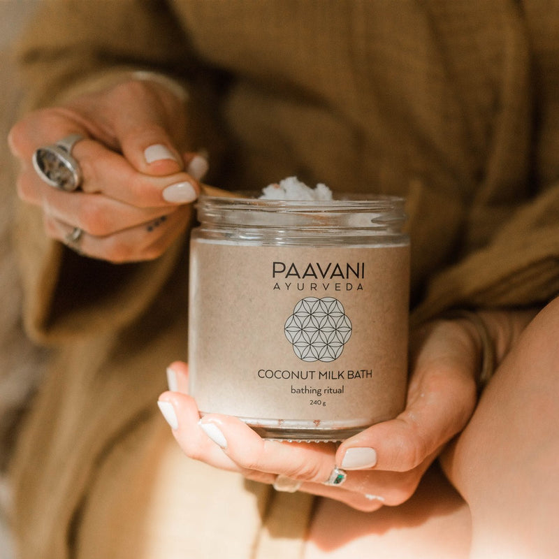 Paavani Ayurveda Coconut Milk Bath | Ayurvedic Herbal Soaking Ritual for Skin & Spirit simple Sienna Glass Jar,Compostable Refill
