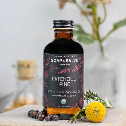 Chagrin Valley Soap & Salve Bath & Body Oil: Patchouli Pine Body Oil Light Gray 4 fl oz Glass Bottle