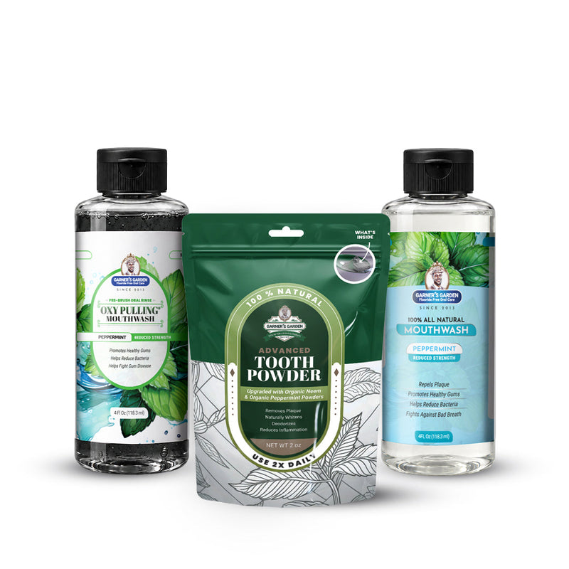 Garner's Garden Travel Sized Oral Care Trio | Trio | H2O2 | Fluoride Free Oral Care White Smoke Peppermint / 4oz Rinses / Reduced Strength + 2oz Organic Tooth Powder