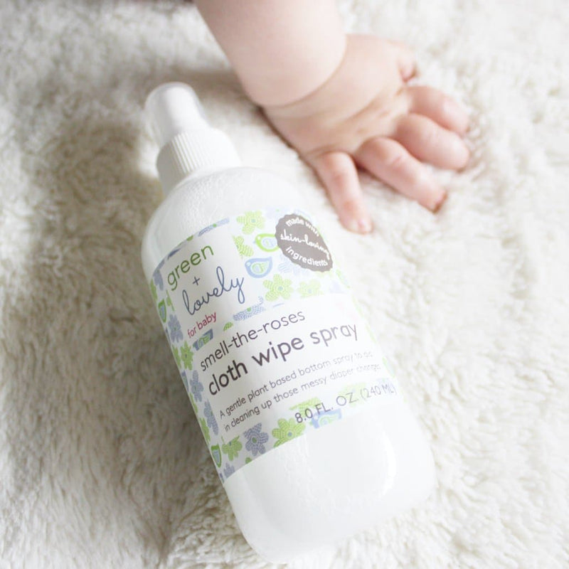Green + Lovely Organic Smell the Roses Cloth Diaper Wipe Spray - Rose Water Infused - 8 oz. Smell the Roses Cloth Wipe Spray. Bottom Spray. Light Gray 8 oz bottle