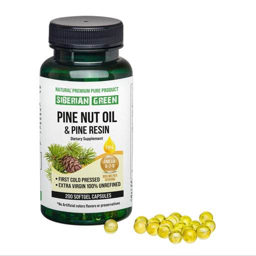 SiberianGreen.com Siberian Pine Nut Oil with Pine Resin Capsules - 200 Softgels | Wild-Harvested, Cold-Pressed, Unrefined Cooking Oils White Smoke