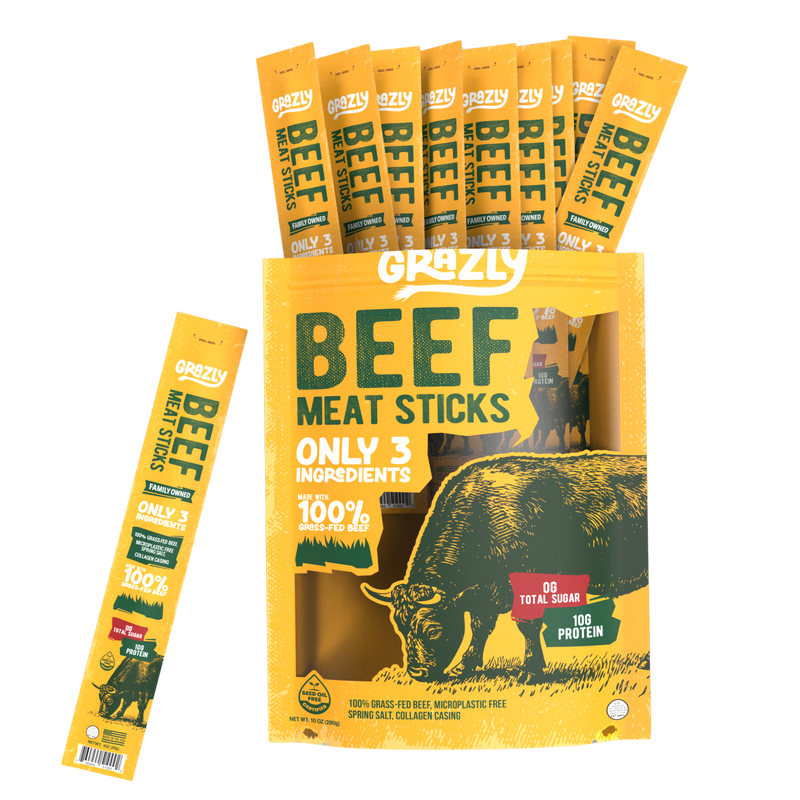 Grazly Plain Beef Meat Sticks - 100% Grass-Fed & Finished Black 10 Pack,20 Pack,30 Pack
