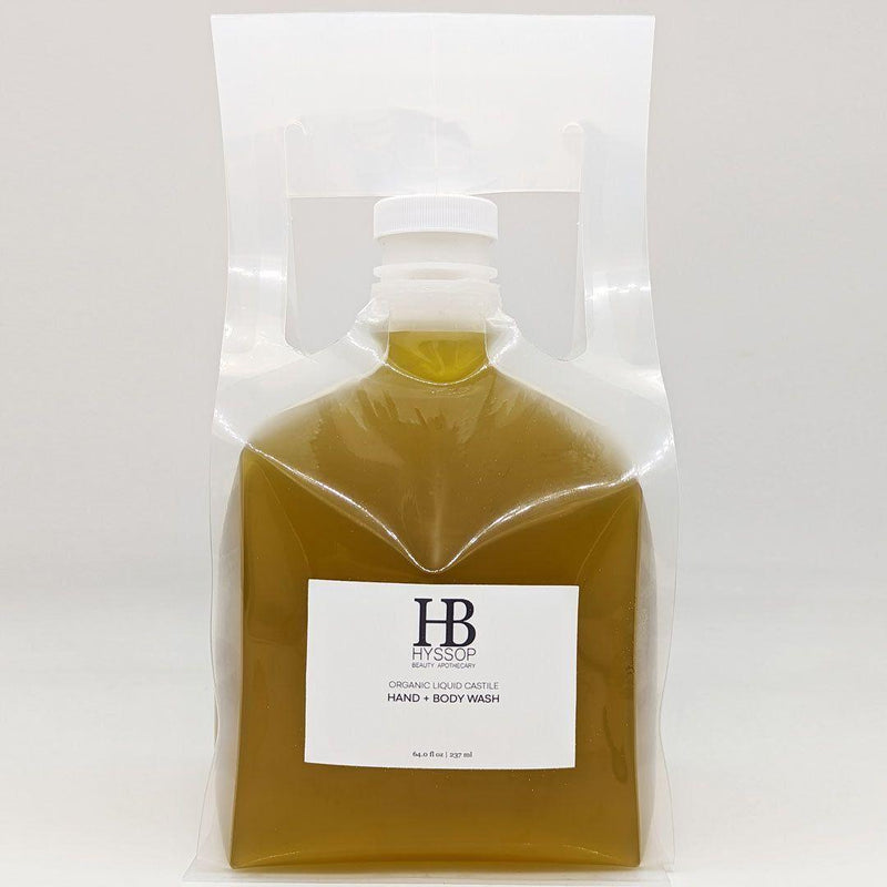 Hyssop Beauty Apothecary L.L.C. Organic Liquid Castile Hand + Body Wash - 1/2 Gallon (64oz) Body Wash Light Gray 64oz Plastic Refill Bag