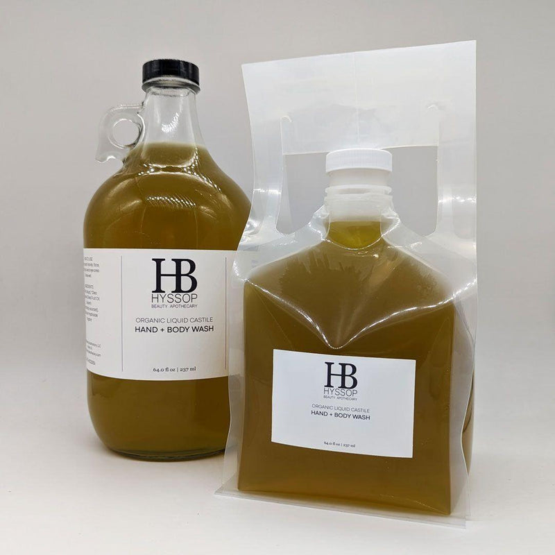 Hyssop Beauty Apothecary L.L.C. Organic Liquid Castile Hand + Body Wash - 1/2 Gallon (64oz) Body Wash Gray 64oz Glass Bottle with Dispenser Pump,64oz Plastic Refill Bag