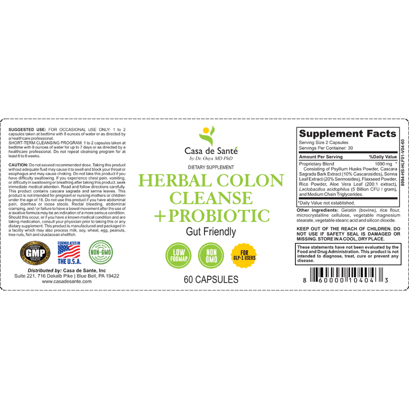casa de sante Herbal Laxative 15 Day Colon Cleanse Low FODMAP Gut Friendly Gentle Motility Support Digestive Support Supplements White Smoke