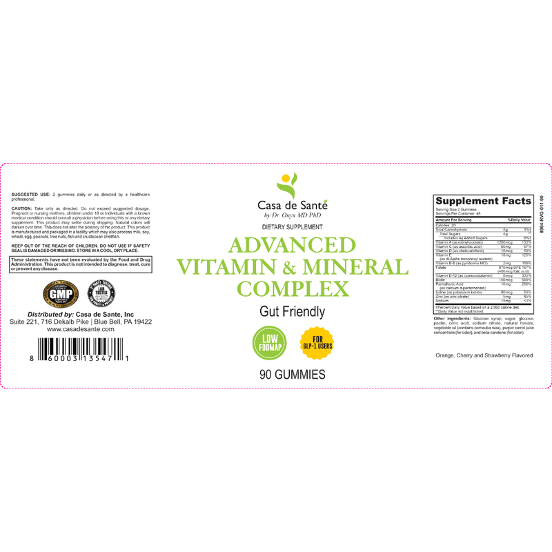 casa de sante Vitamin & Mineral Gummies | Low FODMAP & GLP-1 Daily Essential Nutrition Digestive Support Supplements White Smoke