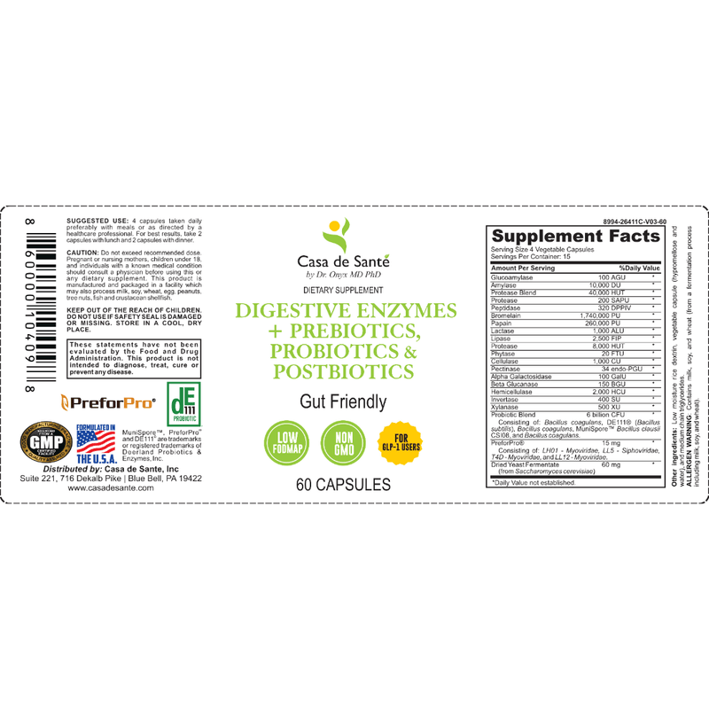 casa de sante FODMAP Digestive Enzymes + Prebiotics + Probiotics + Postbiotics Gut Friendly Low FODMAP MD PhD Formulated Digestive Support Supplements White Smoke