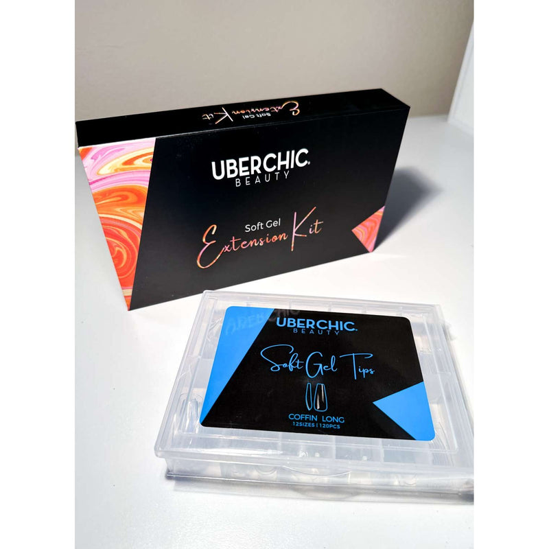 UberChic Beauty Soft Gel Kit: 3-Step Soak Off Nail Extension System with Bonus Gel Top Coat + FREE Soft Gel Tips! False Nails Black Coffin Long