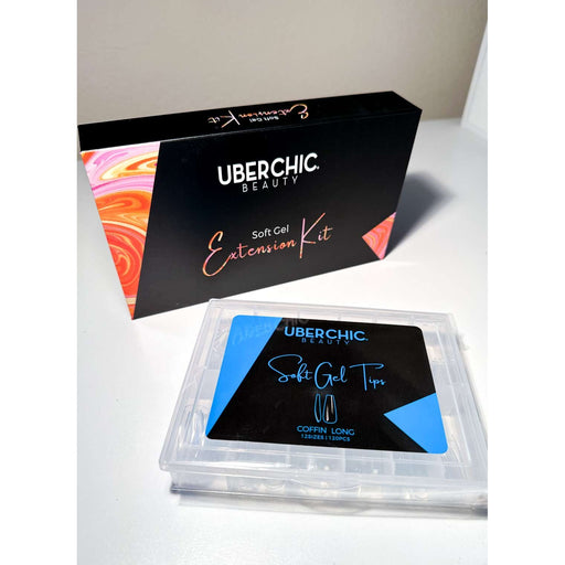 UberChic Beauty [HEMA-Free] Soft Gel Kit: 3-Step Soak Off Nail Extension System with Bonus Gel Top Coat + FREE Soft Gel Tips! False Nails Black Coffin Long