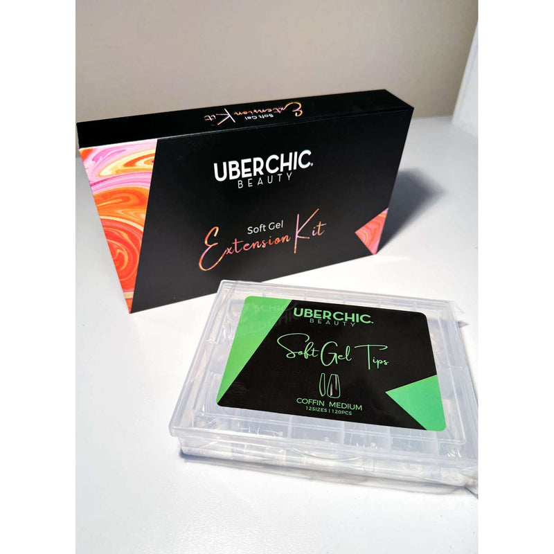 UberChic Beauty Soft Gel Kit: 3-Step Soak Off Nail Extension System with Bonus Gel Top Coat + FREE Soft Gel Tips! False Nails Light Gray Coffin Medium