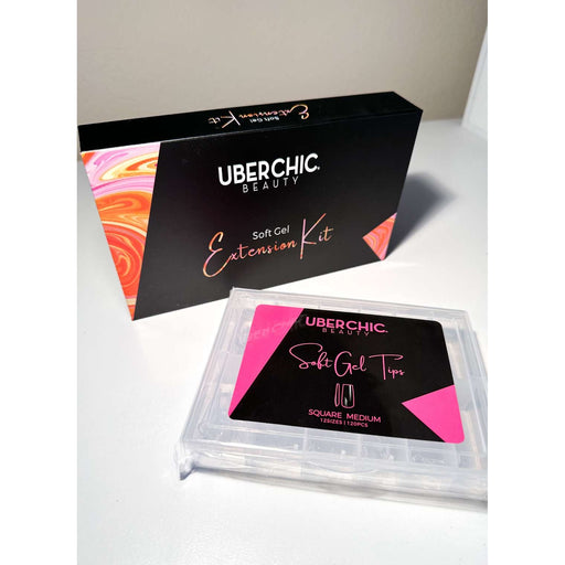 UberChic Beauty [HEMA-Free] Soft Gel Kit: 3-Step Soak Off Nail Extension System with Bonus Gel Top Coat + FREE Soft Gel Tips! False Nails Black Square Medium