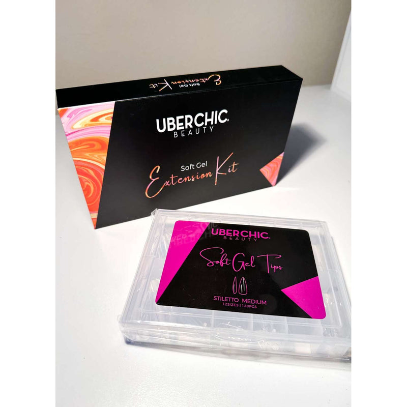 UberChic Beauty Soft Gel Kit: 3-Step Soak Off Nail Extension System with Bonus Gel Top Coat + FREE Soft Gel Tips! False Nails Black Stiletto Medium