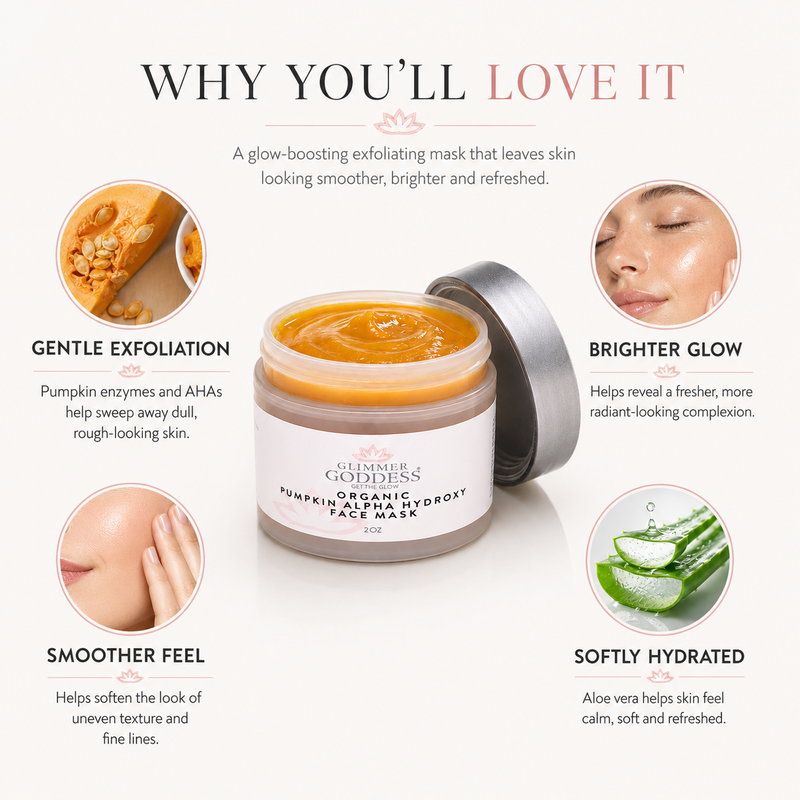 Glimmer Goddess® Organic Skin Care Organic Pumpkin AHA Face Mask – Exfoliating Treatment for Wrinkles & Glow Masks & Peels White Smoke 2 oz.,4 oz.
