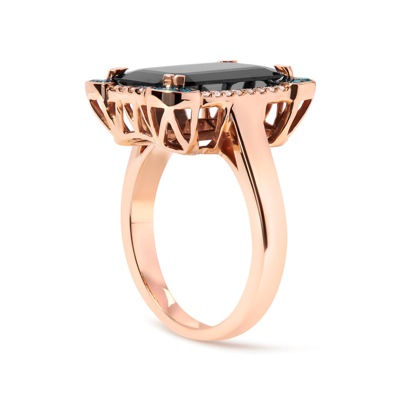 Bids.com 14K Rose Gold 15x10 MM Emerald-Cut Black Onyx and 1/5 Cttw Blue and White Diamond Halo Cocktail Ring (G-H Color, SI1-SI2 Clarity)- Size 7 Rings White Smoke 7 / Rose.Gold