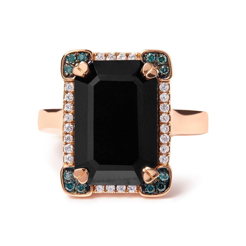 Bids.com 14K Rose Gold 15x10 MM Emerald-Cut Black Onyx and 1/5 Cttw Blue and White Diamond Halo Cocktail Ring (G-H Color, SI1-SI2 Clarity)- Size 7 Rings White Smoke 7 / Rose.Gold