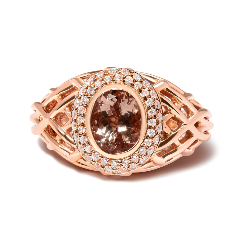 Bids.com 14K Rose Gold Oval Cut Light Pink Morganite and 3/8 Cttw Diamonds Halo and Basket Weave Cocktail Ring (G-H Color, SI1-SI2 Clarity) - Size 7 Rings White Smoke 7 / Rose.Gold