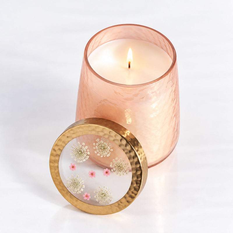 Rosy Rings Rose + Oud Tall Watercolor Pressed Floral Candle Pressed Floral Candles Antique White