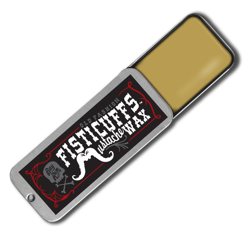 Grave Before Shave Bay Rum Scent Fisticuffs Mustache Wax "Original hold" Mustache Wax White Smoke 1/2 ounce vintage slide tin