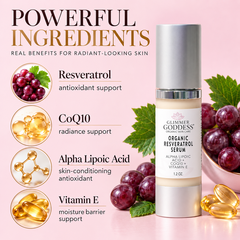 Glimmer Goddess® Organic Skin Care Organic Resveratrol Serum – Instant Firming Serums Misty Rose 1 oz.