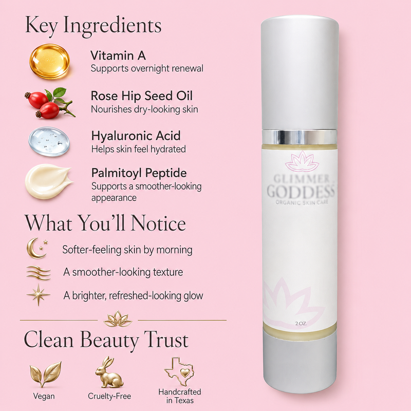 Glimmer Goddess® Organic Skin Care Organic Vitamin A Microcaps Night Cream – Brightening Anti-Aging Treatment Moisturizers Misty Rose