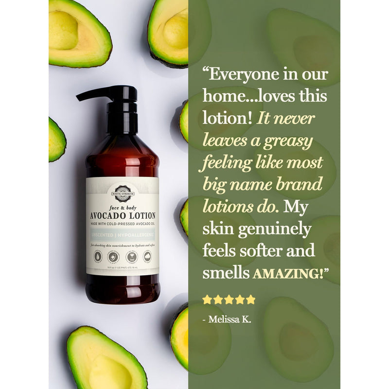 Rustic Strength Avocado Lotion | Mama + Baby Safe Lotion Dark Olive Green 16 oz Plastic,Gallon Jar Plastic,Gallon Jar Glass