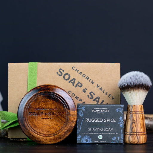 Chagrin Valley Soap & Salve Gift: Wood Shaving Gift Set Gift Tan with Rugged Spice Shave Soap