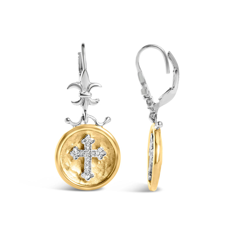 Bids.com 18K Yellow Gold Plated .925 Sterling Silver 1/8 Cttw Diamond Hammered Finished Medallion with Cross Drop and Dangle Earrings (I-J Color, SI1-SI2 Clarity) Earrings White Smoke YellowWhite.Sterling Silver / 0.13