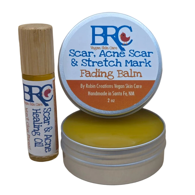 By Robin Creations Scar Fading Balm & Acne Healing Oil Set for Face & Body Skin Care White Smoke 2oz Tin + Roll-on