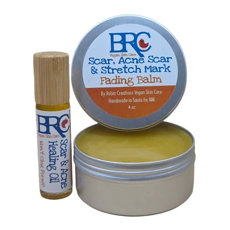 By Robin Creations Scar Fading Balm & Acne Healing Oil Set for Face & Body Skin Care White Smoke 4oz Tin + Roll-on