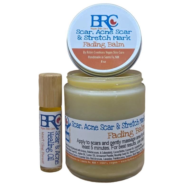 By Robin Creations Scar Fading Balm & Acne Healing Oil Set for Face & Body Skin Care White Smoke 8oz Glass Jar + Roll-on