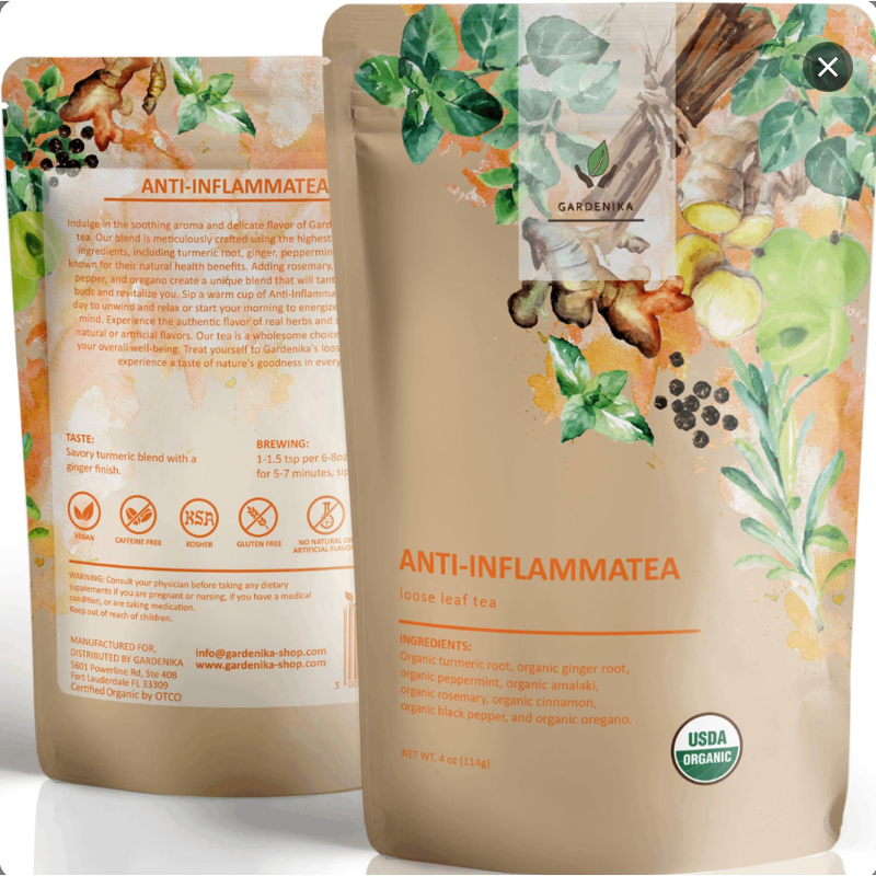 Gardenika Shop Anti-Inflammatea Loose Tea, Turmeric Ginger Herbal Blend | Organic & Kosher Loose Leaf Tea Tan 4 oz